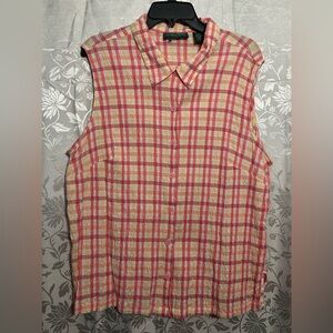 Lemon Grass Studio Pink Yellow Plaid Sleeveless Button-Down Blouse 22W.
